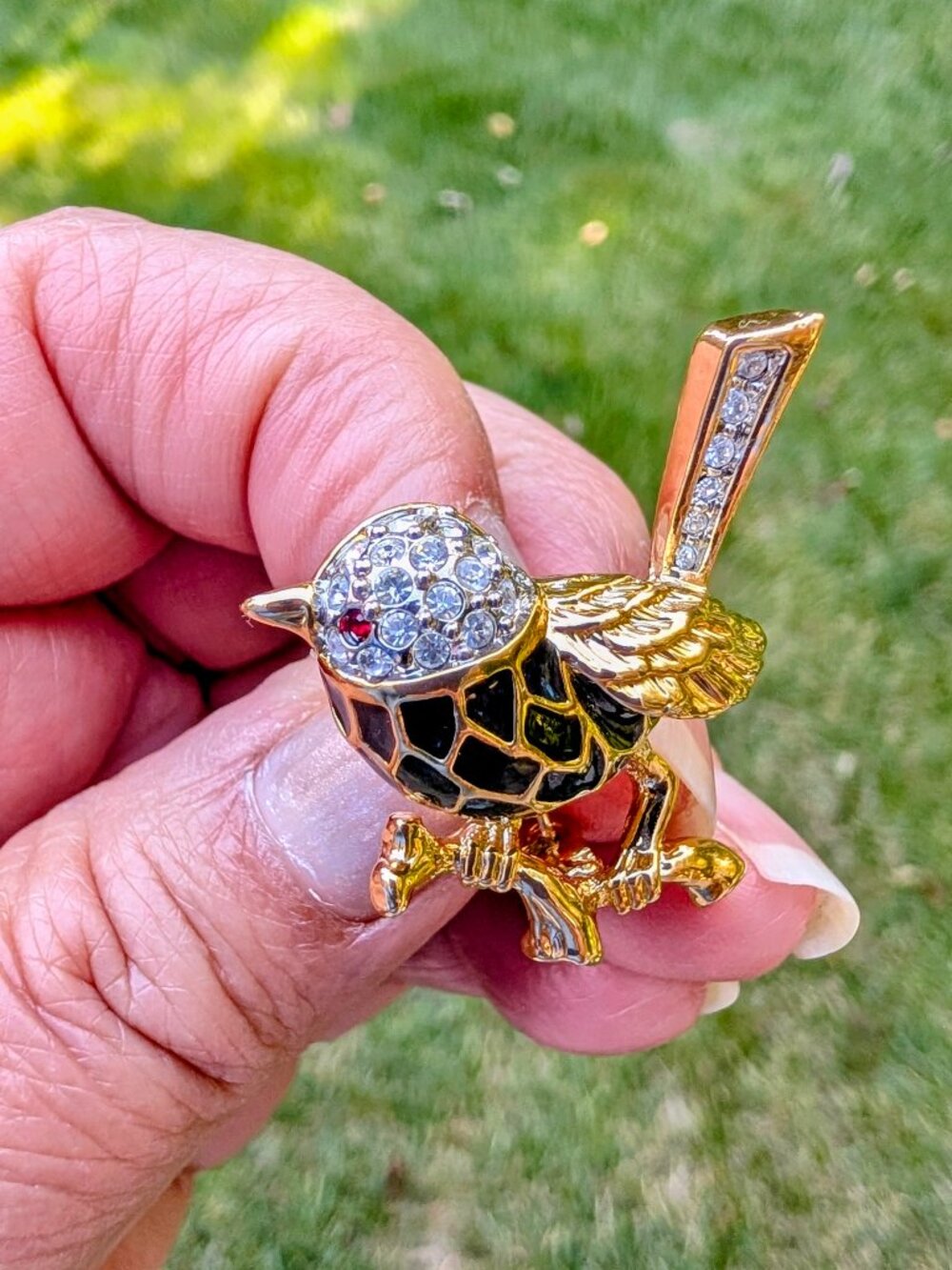 Vintage Pave Rhinestone & Green Enamel Bird on a Branch Brooch